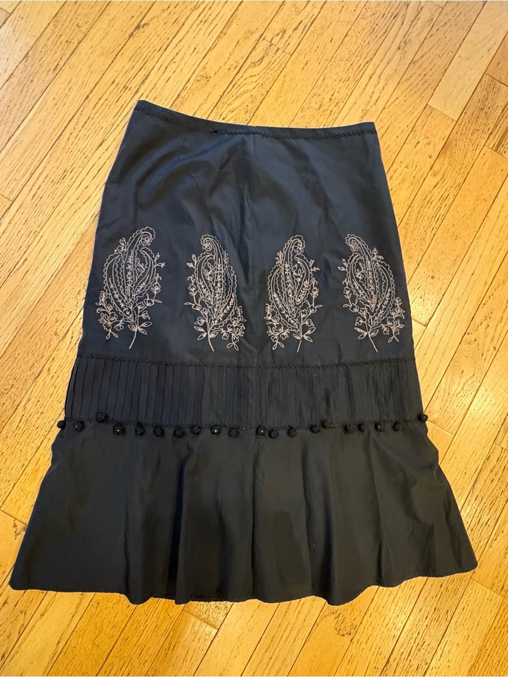 Anthropologie y2k Odille Black Midi Skirt with Cream Paisley Embroidery